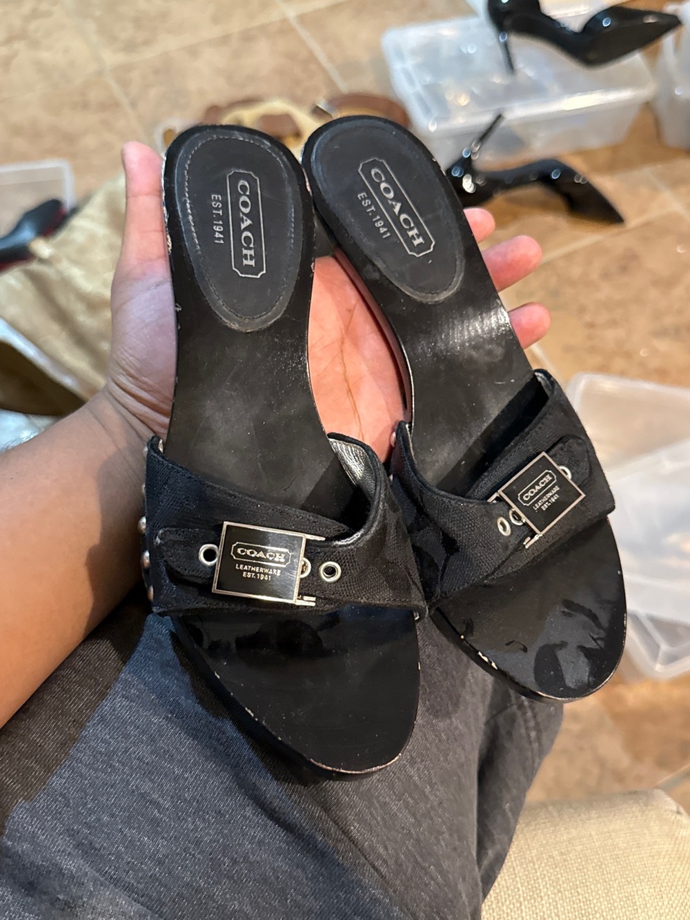 COACH Black Leather Logo Buckle Slide Mules